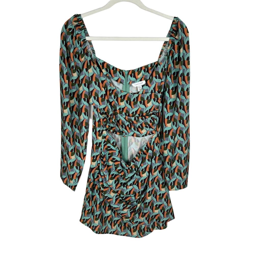 Topshop Geo Print Cutout Long Sleeve Dress Sz 6 Teal Green Retro 70s Psychedelic